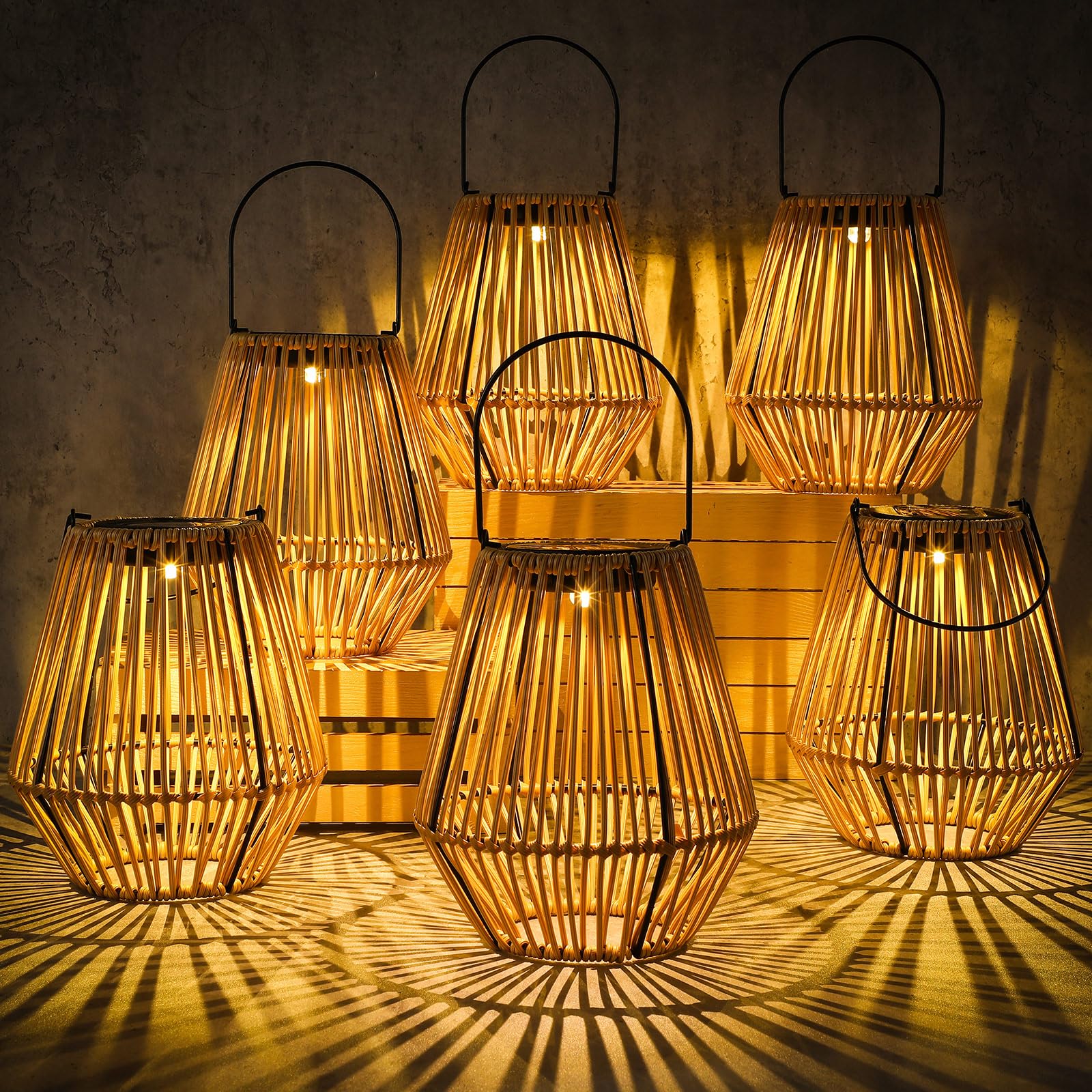 VIHOSE 4 Pack Solar Lanterns, Rattan Hanging Solar Lights with Handle Outdoor Waterproof, Outdoor Lamp Lights Decoration for Patio Porch Garden Pathway Yard Trees Lawn (Square)