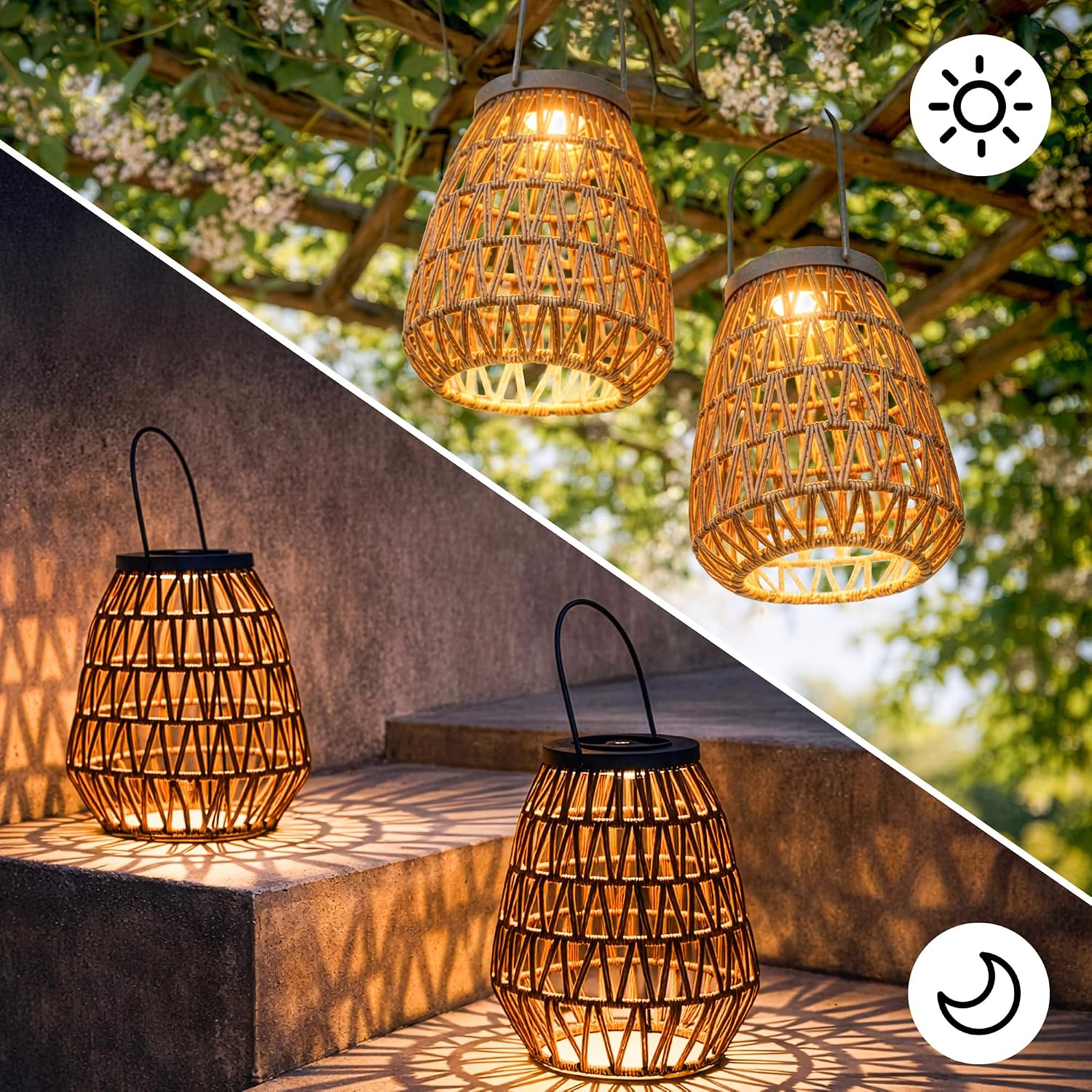 Scentsationals Fusion 2-Pack Woven Solar Lanterns, 11” Metal Frame & Wicker Outdoor Lanterns with Solar Puck Light, Cordless Decorative Patio & Garden Lighting, Warm LED, AA Rechargeable Battery