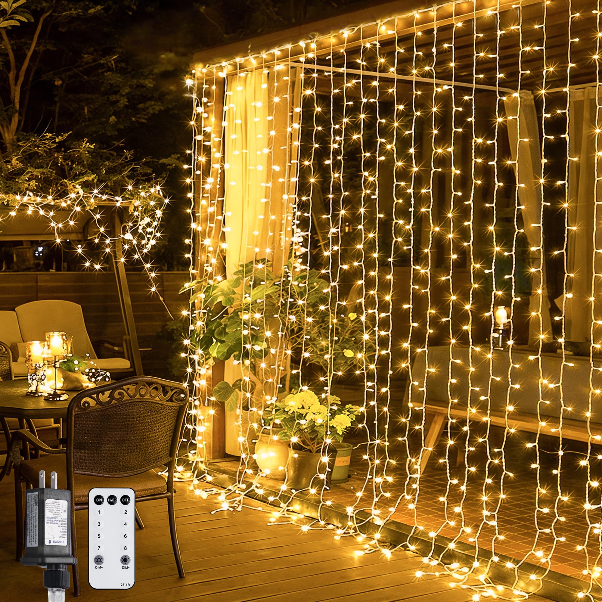 Warm White 600 LED Curtain String Lights 9.5×19.6ft, Indoor Outdoor Wedding Decor Lights