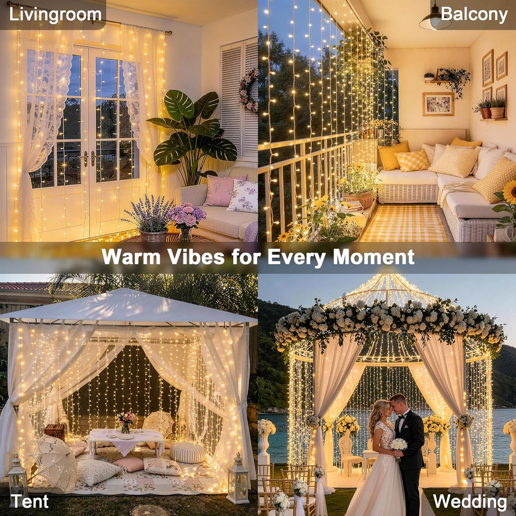 Warm White 600 LED Curtain String Lights 9.5×19.6ft, Indoor Outdoor Wedding Decor Lights