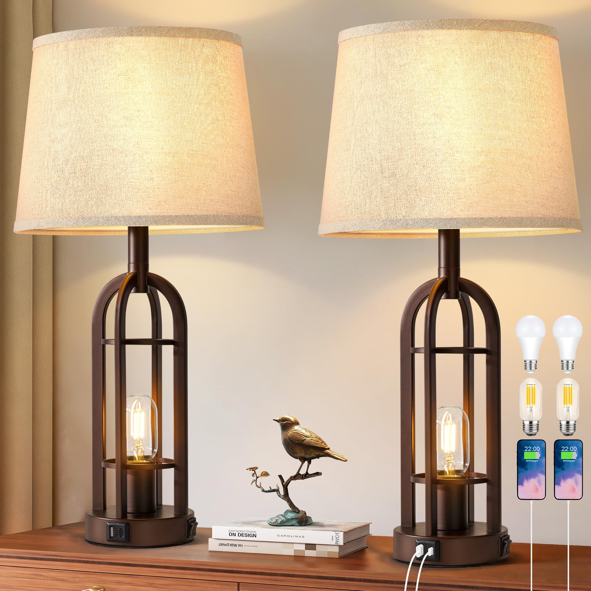 SRJJA Black Table Lamps for Living Room Set of 2 - Farmhouse Lamps for Night Stands with USB A+C, Bedside Lamps for Bedroom, 24'' Industrial Lamp for Living Room End Tables