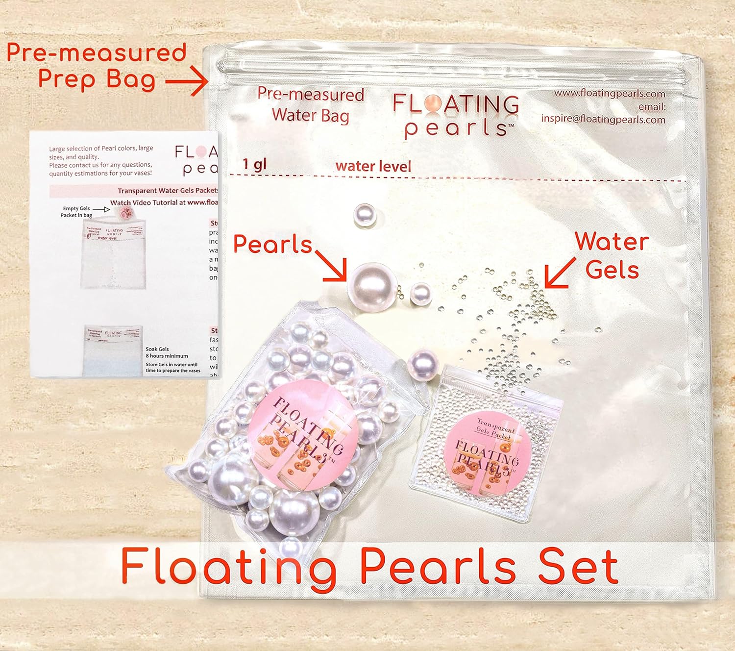 Vase Pearlfection 200 Floating White Pearls with Sparkling Gems- Large Sizes- 12 White Submersible LED Fairy Lights Strings with Hidable & Submersible Batteries- Fills 4 Gallons for Your Vases