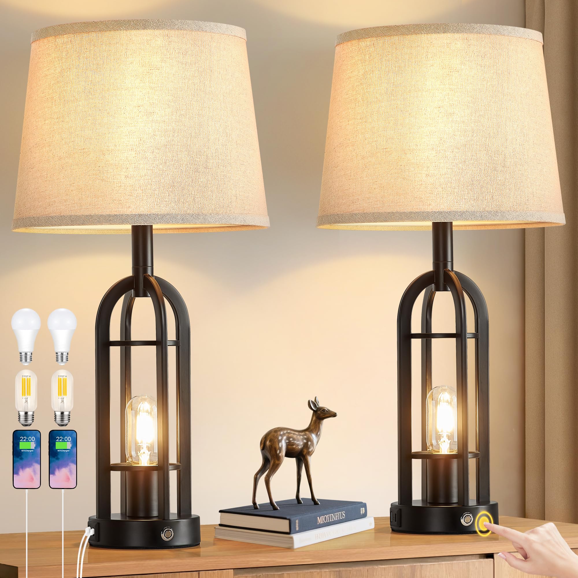 SRJJA Black Table Lamps for Living Room Set of 2 - Farmhouse Lamps for Night Stands with USB A+C, Bedside Lamps for Bedroom, 24'' Industrial Lamp for Living Room End Tables