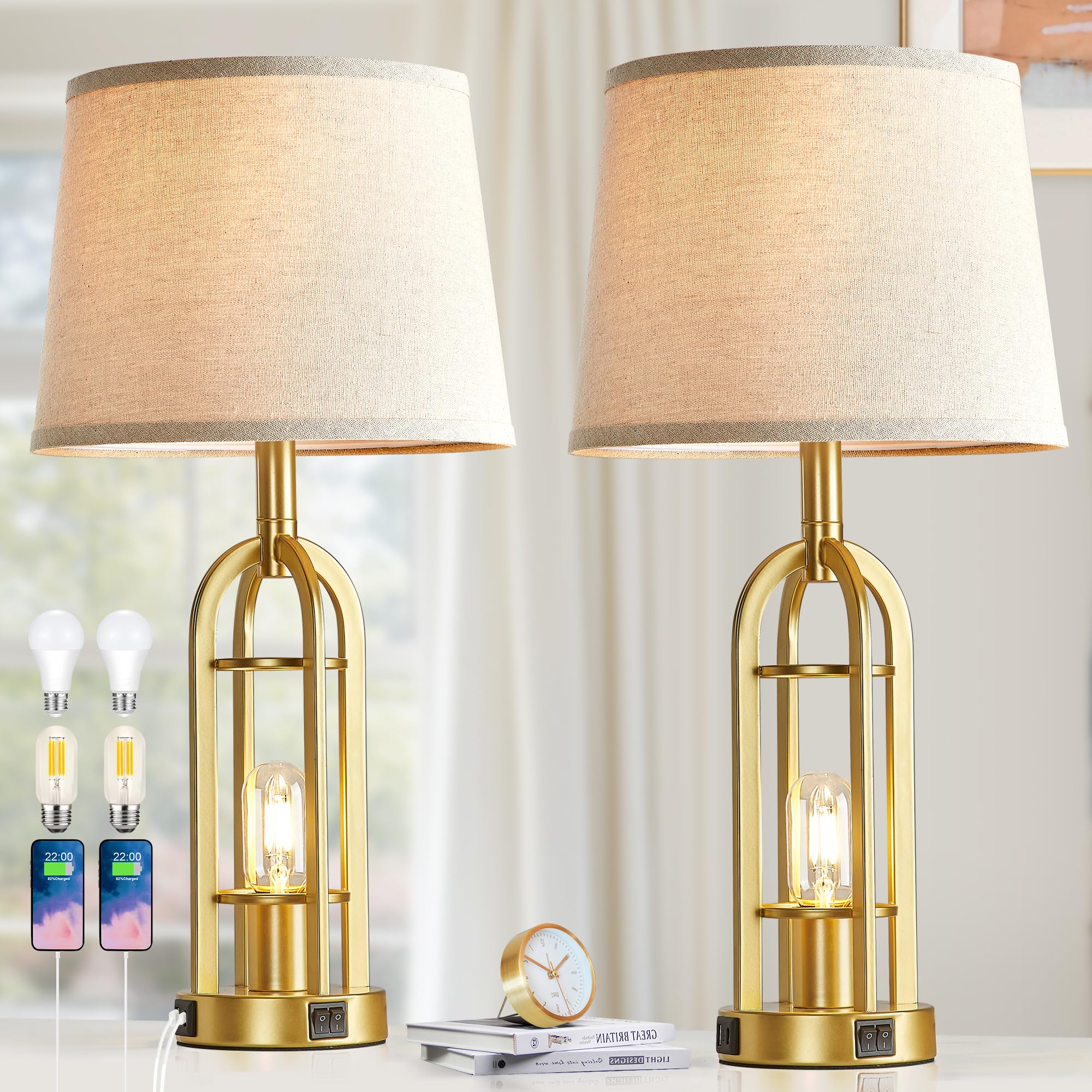 SRJJA Black Table Lamps for Living Room Set of 2 - Farmhouse Lamps for Night Stands with USB A+C, Bedside Lamps for Bedroom, 24'' Industrial Lamp for Living Room End Tables