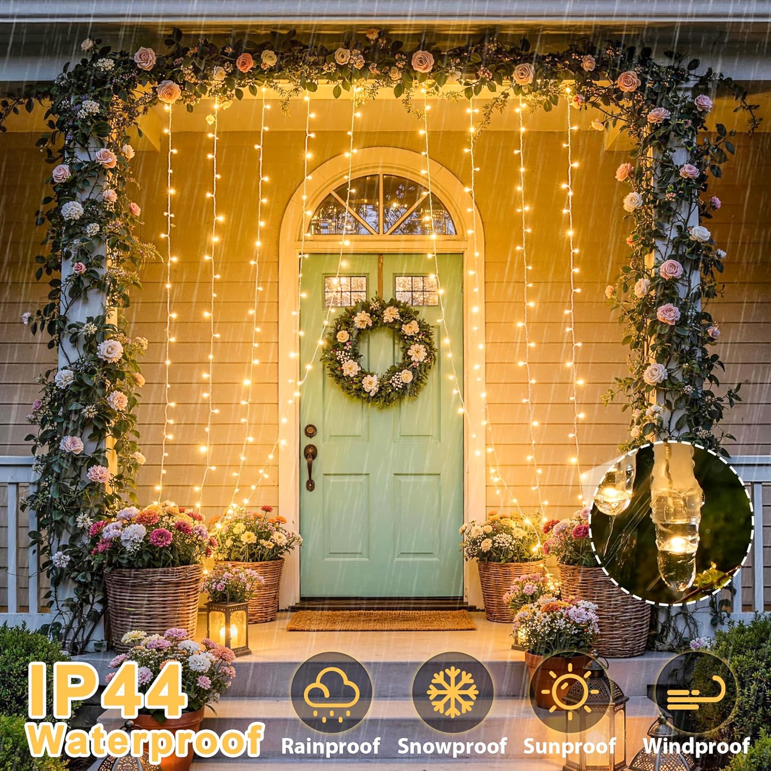 Warm White 600 LED Curtain String Lights 9.5×19.6ft, Indoor Outdoor Wedding Decor Lights