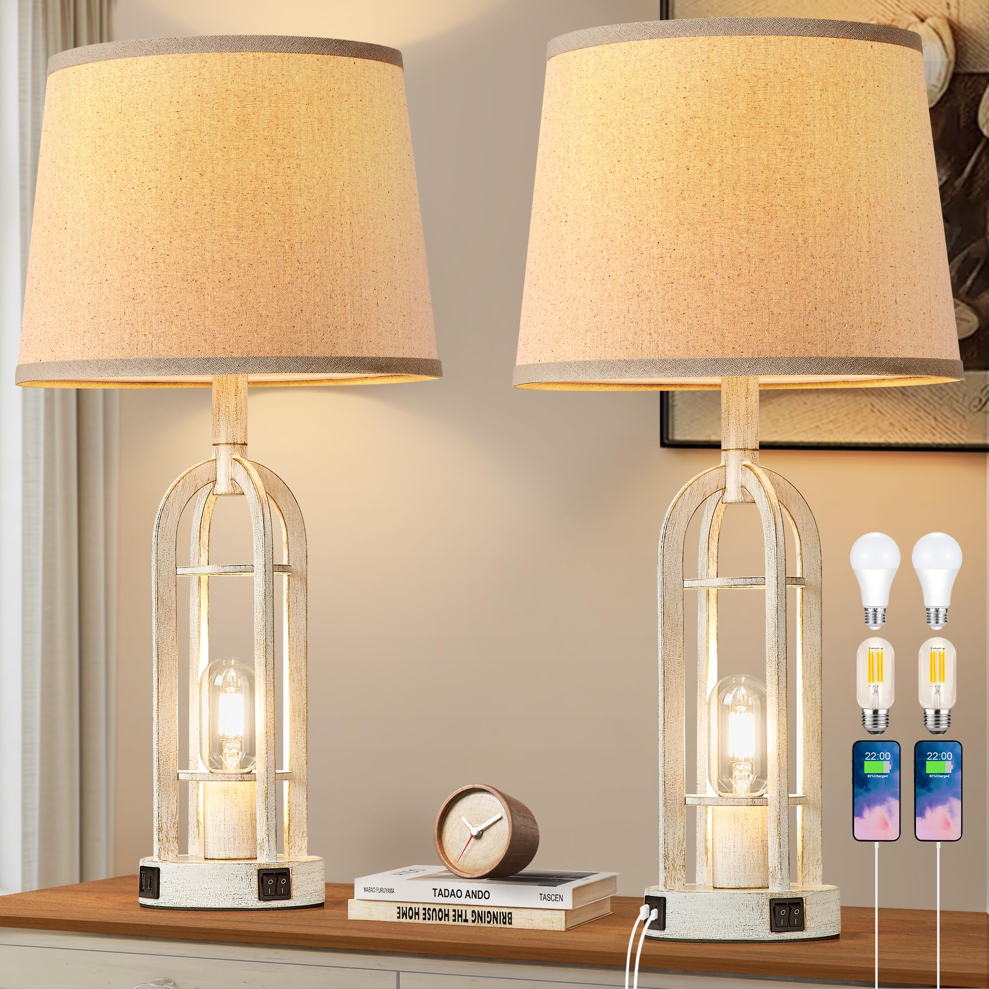 SRJJA Black Table Lamps for Living Room Set of 2 - Farmhouse Lamps for Night Stands with USB A+C, Bedside Lamps for Bedroom, 24'' Industrial Lamp for Living Room End Tables
