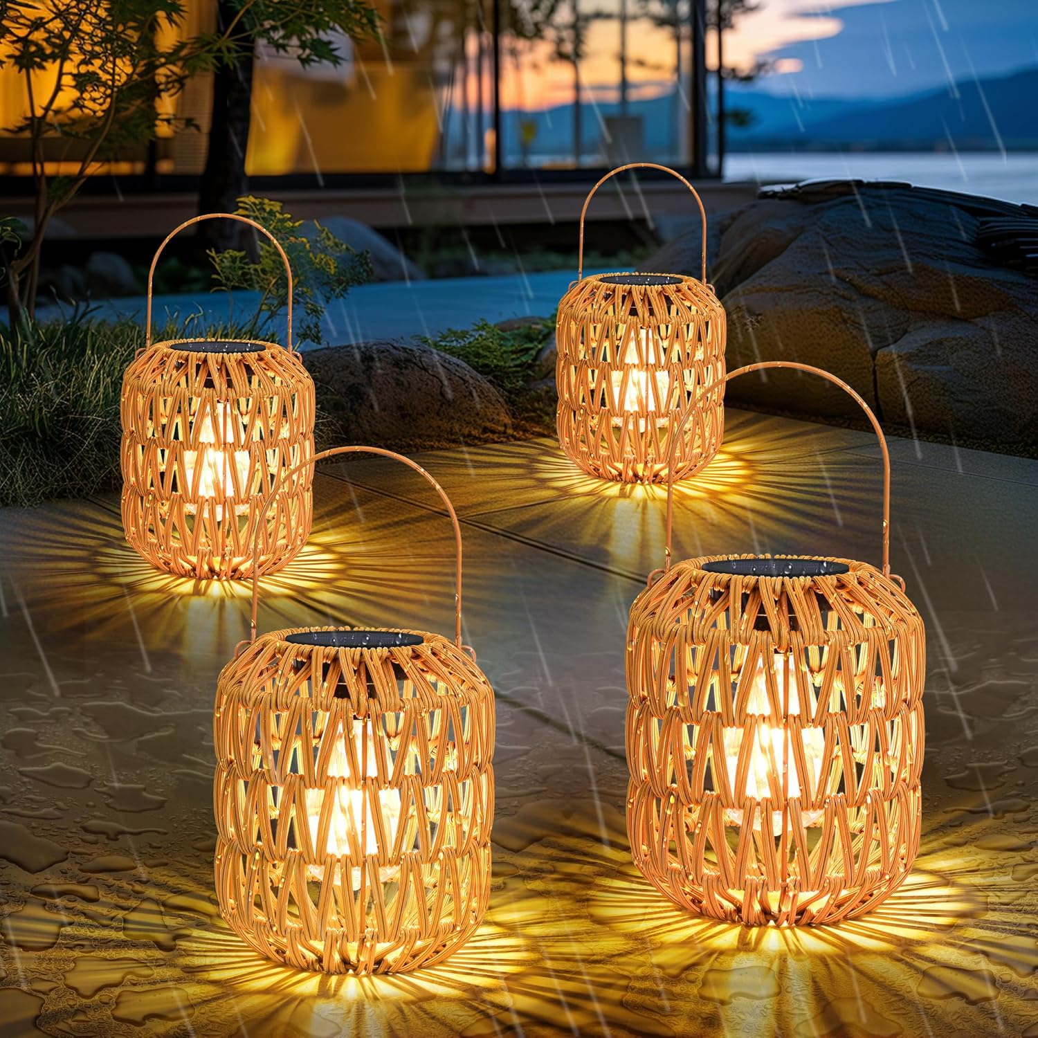 Rattan Solar Lanterns Outdoor Waterproof: 4 Pack Hanging Solar Lights for Outside Yard, Solar Powered Lantern Decorative Birthday Gifts for Women, Solar Garden Lights Decor for Patio, Pathway, Porch