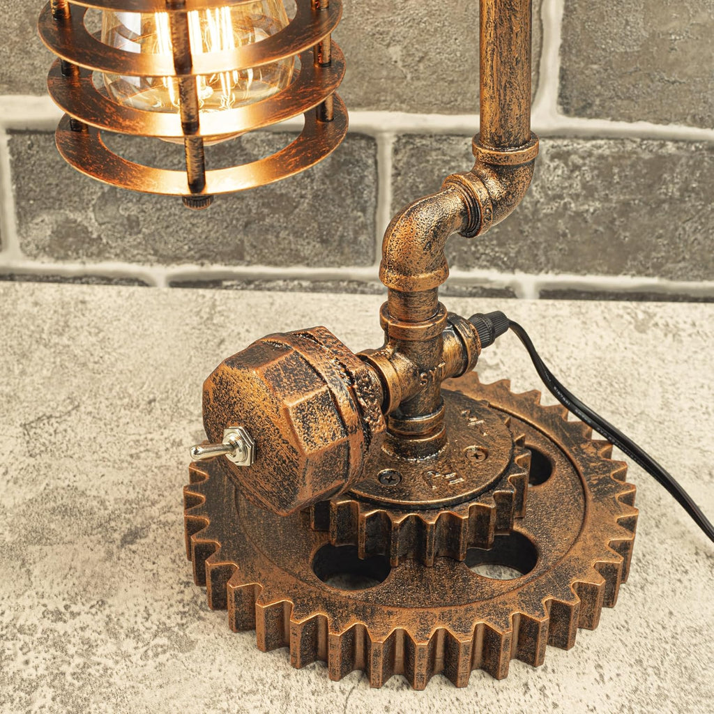 Loft Style Vintage Metal Dimmable Table Lamp with carbonized Wood Base, Colosseum, Steampunk Industrial, Night Light, Desk Light, QTF-GY01