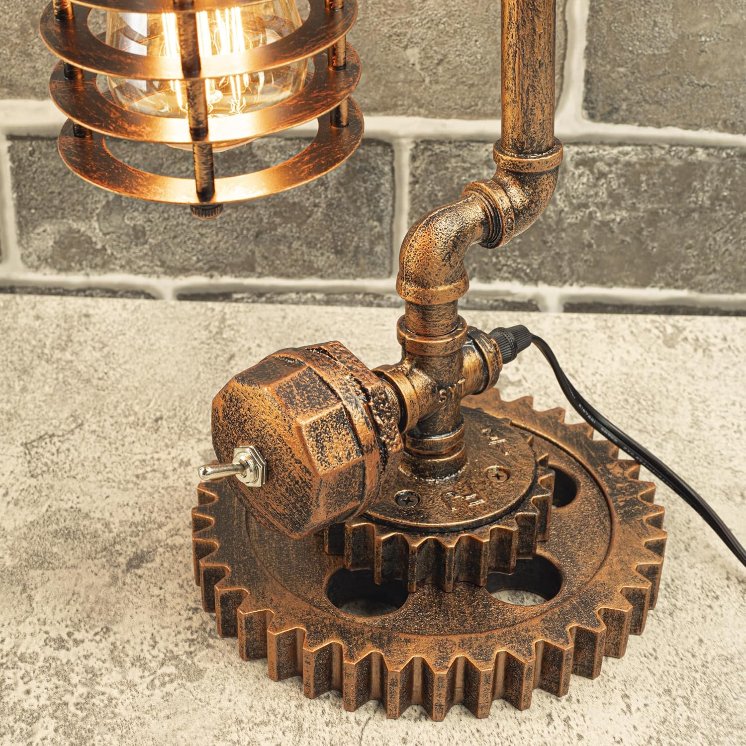 Loft Style Vintage Metal Dimmable Table Lamp with carbonized Wood Base, Colosseum, Steampunk Industrial, Night Light, Desk Light, QTF-GY01