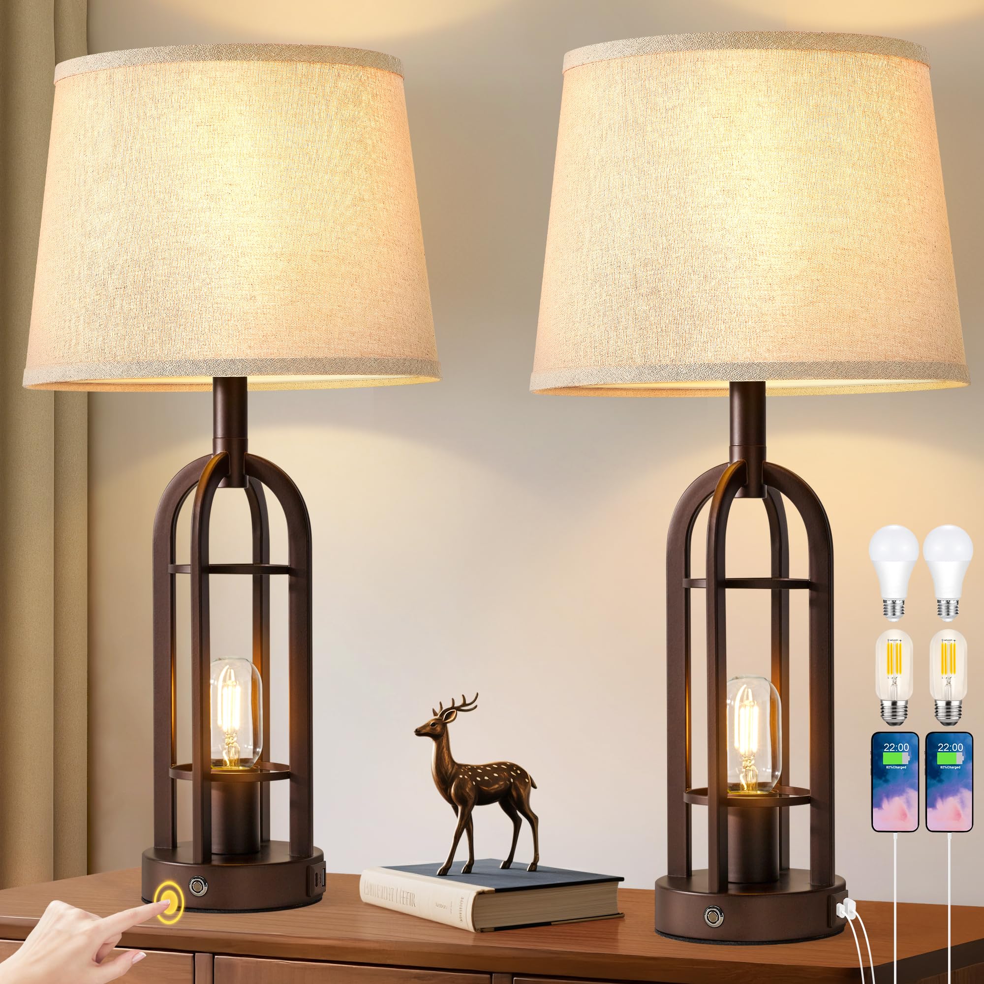 SRJJA Black Table Lamps for Living Room Set of 2 - Farmhouse Lamps for Night Stands with USB A+C, Bedside Lamps for Bedroom, 24'' Industrial Lamp for Living Room End Tables
