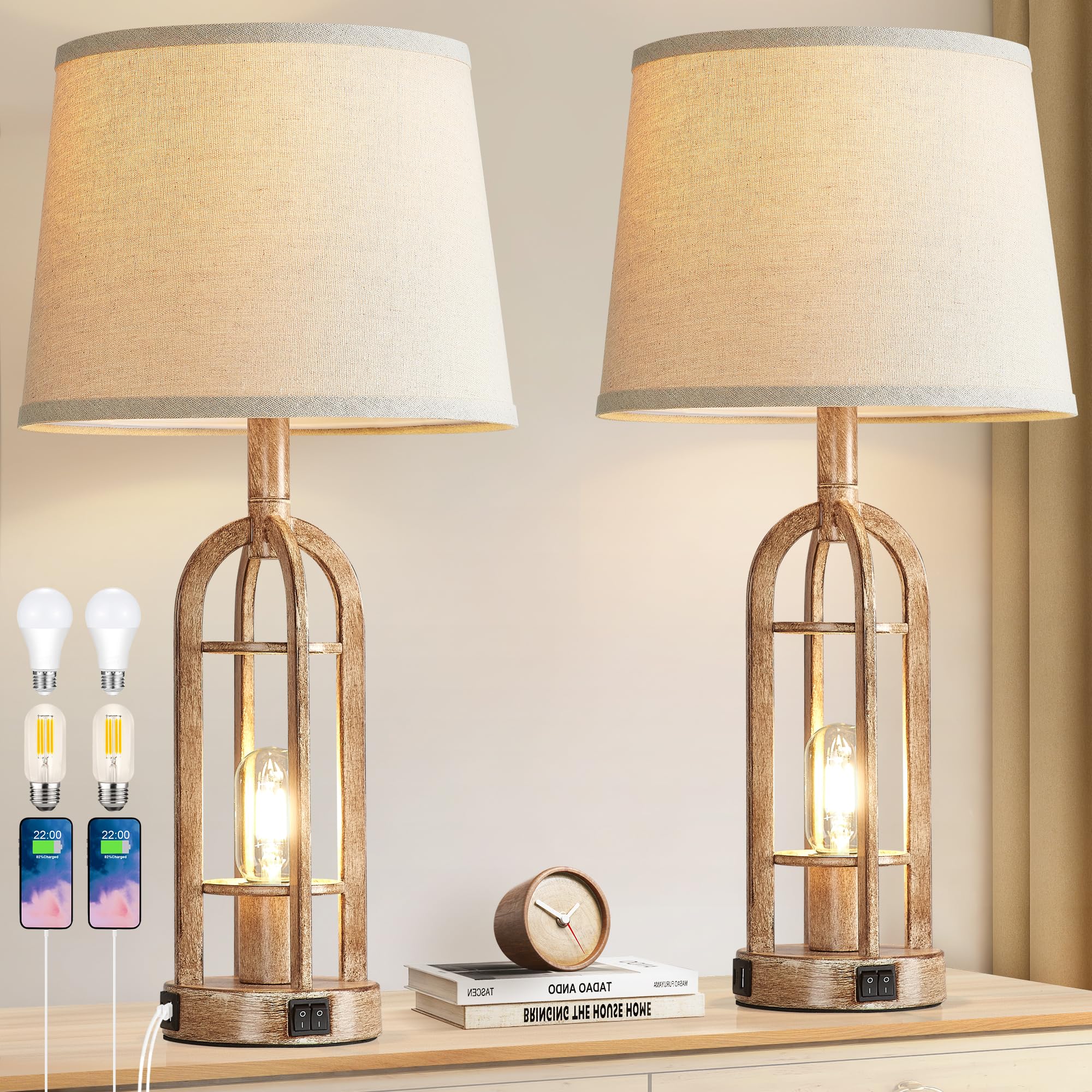 SRJJA Black Table Lamps for Living Room Set of 2 - Farmhouse Lamps for Night Stands with USB A+C, Bedside Lamps for Bedroom, 24'' Industrial Lamp for Living Room End Tables